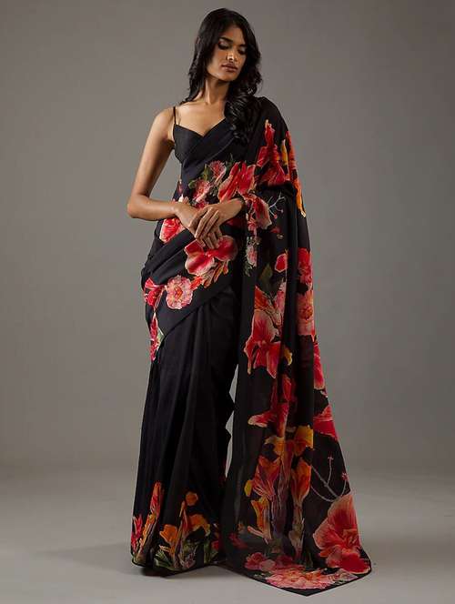 women black floral printed saree with blouse - 21570566 -  Standard Image - 0