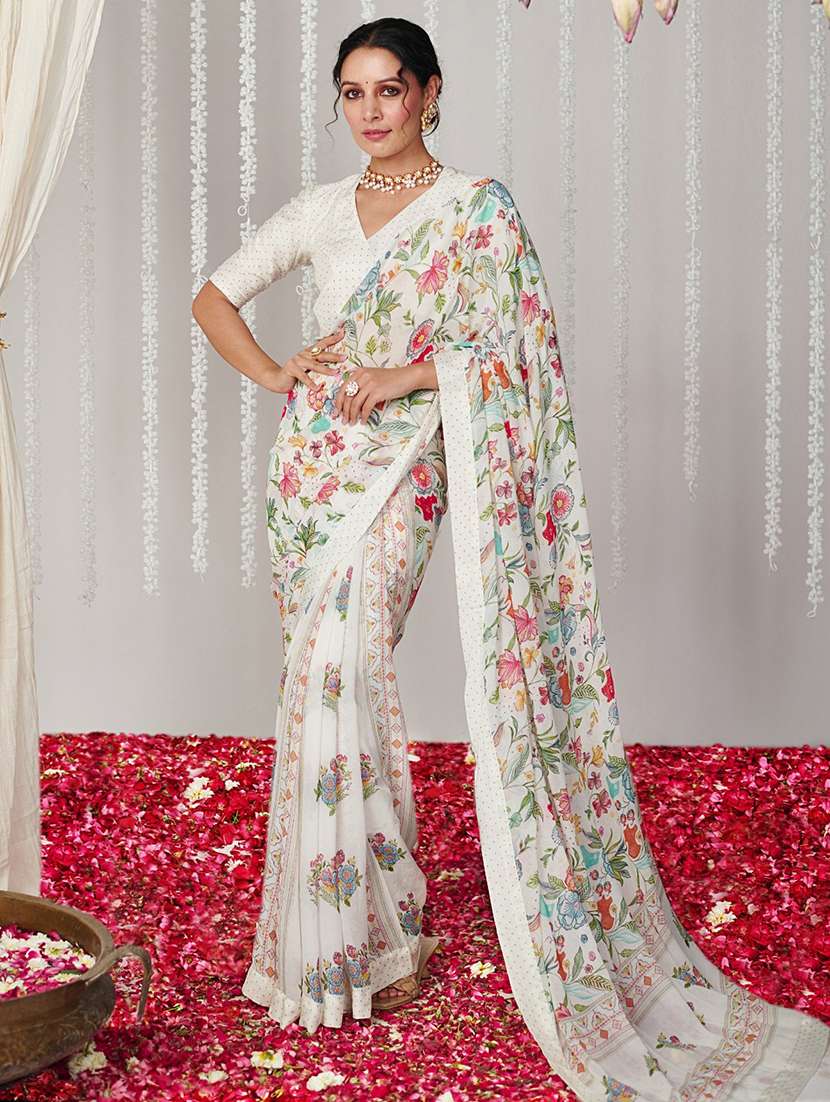 women off-white floral printed saree with blouse
