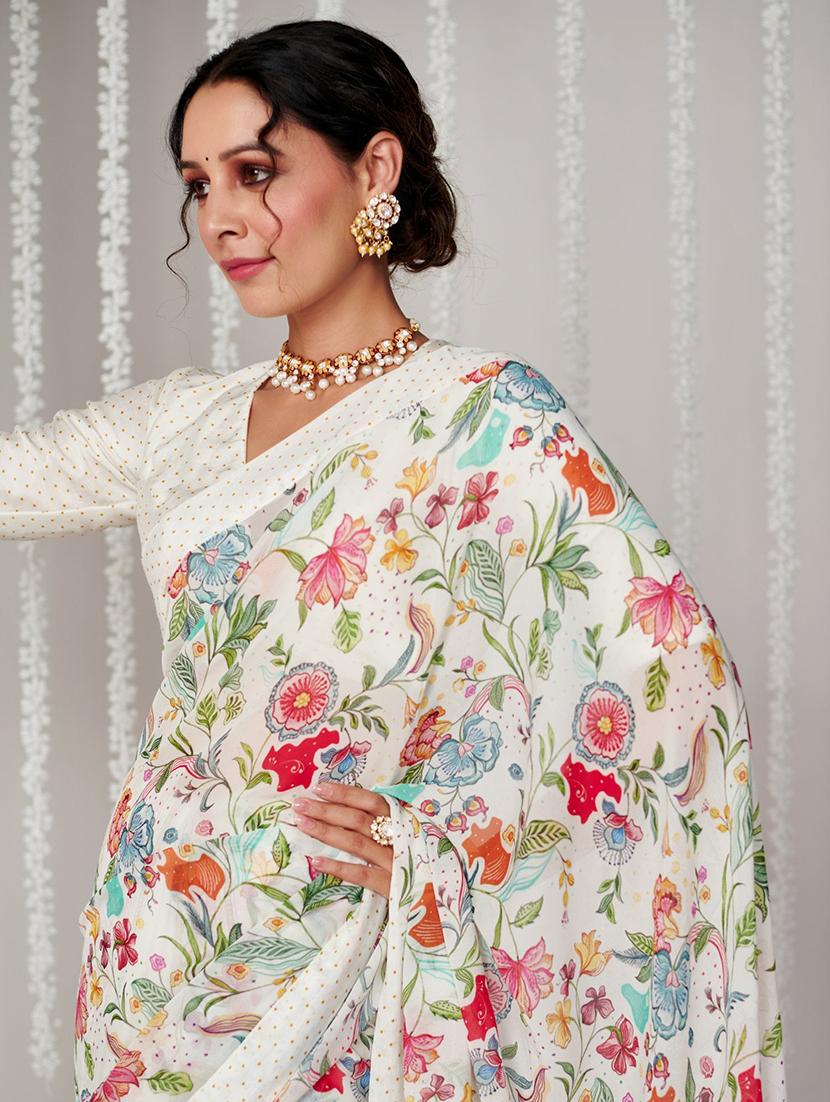 women off-white floral printed saree with blouse - 21570567 - Standard Image - 2