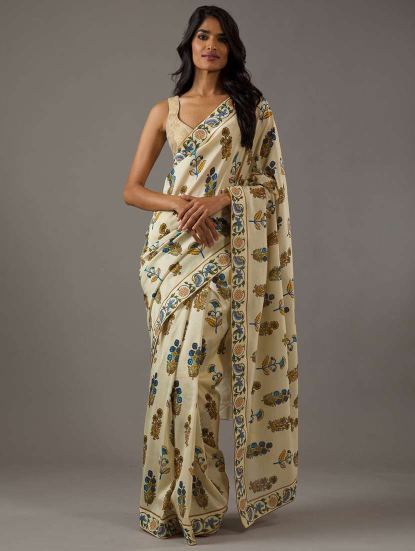 women cream floral printed saree with blouse