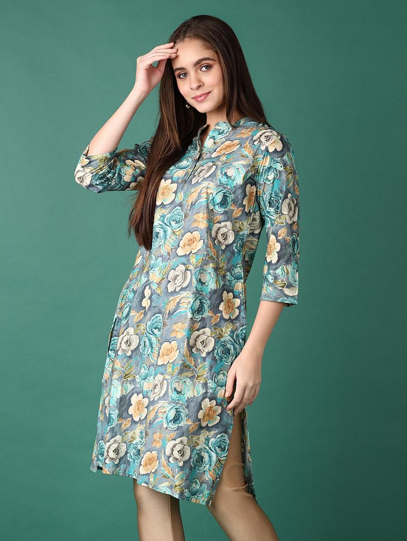 women floral three quarter sleeve straight kurta - 21570674 - Standard Image - 2