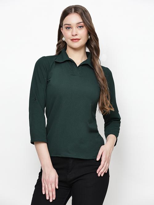 women green solid collared neck top - 21570880 - Standard Image - 0