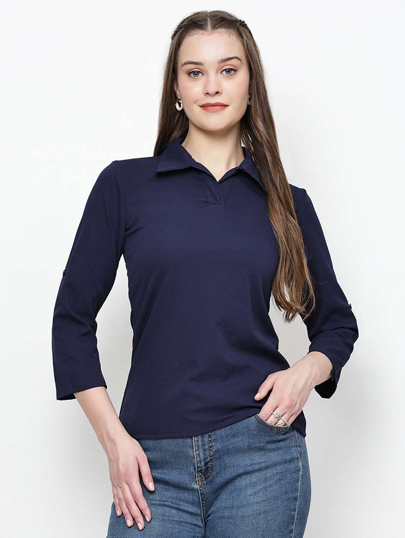 women blue solid collared neck top
