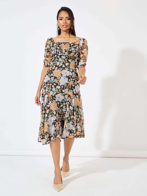 women brown floral printed asymmetric dress - 21571421 - Standard Image - 0