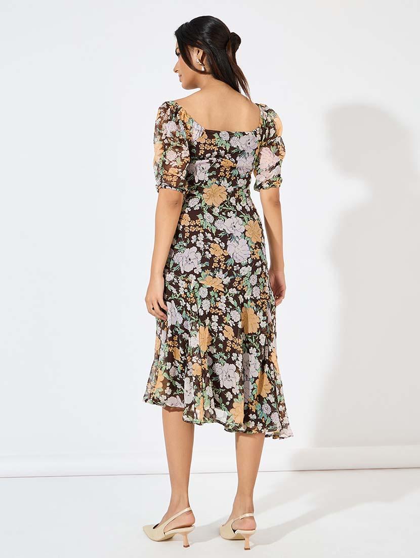 women brown floral printed asymmetric dress - 21571421 - Standard Image - 2
