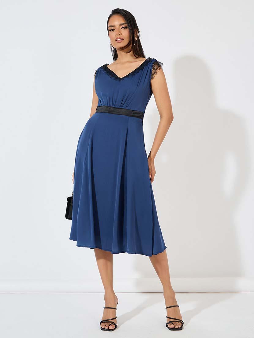 women navy blue solid a-line dress - 21571428 - Zoom Image - 0