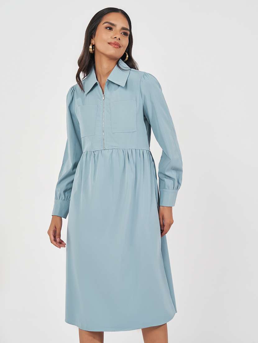 women light blue solid a-line dress