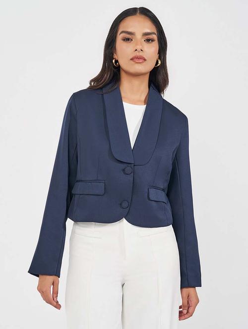 women navy blue solid single breasted blazer - 21571467 -  Standard Image - 0