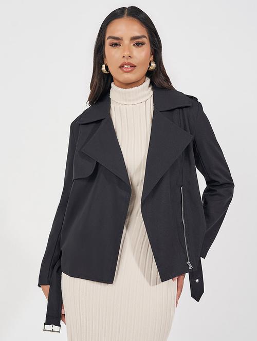 women black solid biker jacket - 21571472 -  Standard Image - 0