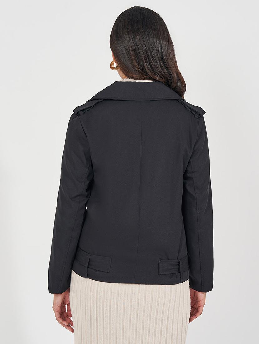 women black solid biker jacket - 21571472 - Standard Image - 2