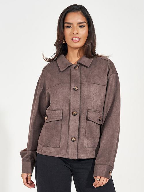 women brown solid long sleeve regular jacket - 21571476 - Standard Image - 0