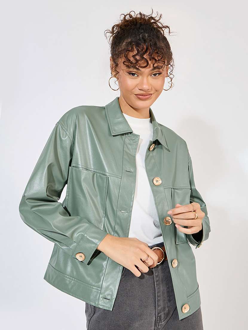 women olive solid regular jacket