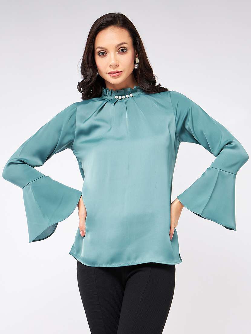 women blue solid regular top