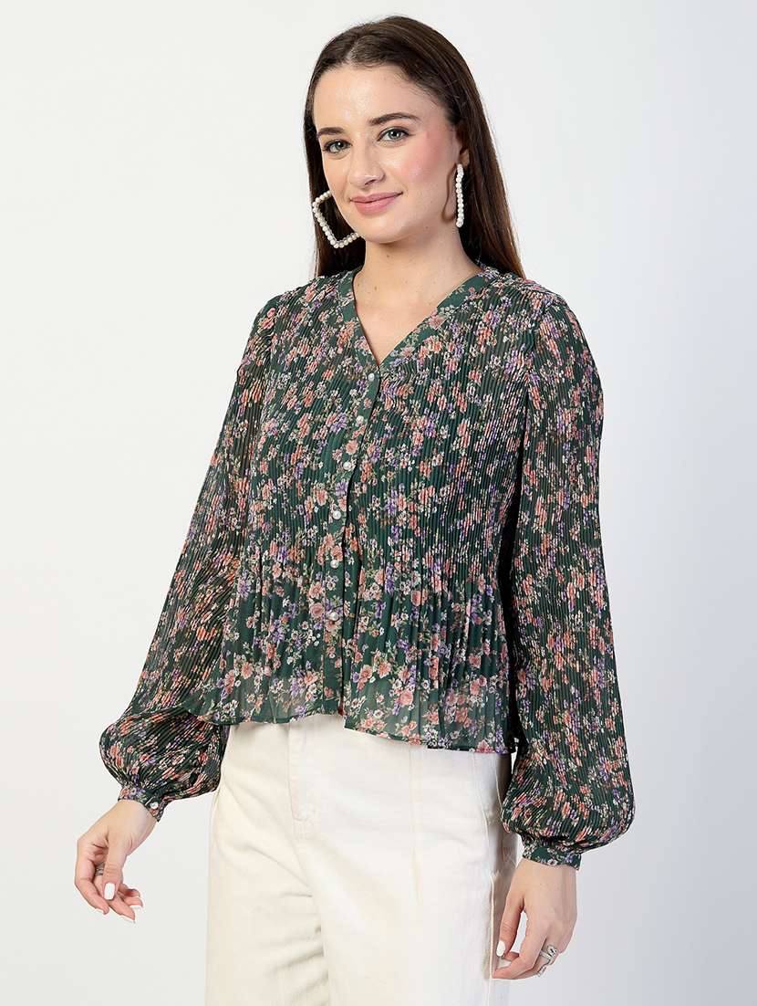 women bottle green floral printed regular top - 21571960 - Standard Image - 2