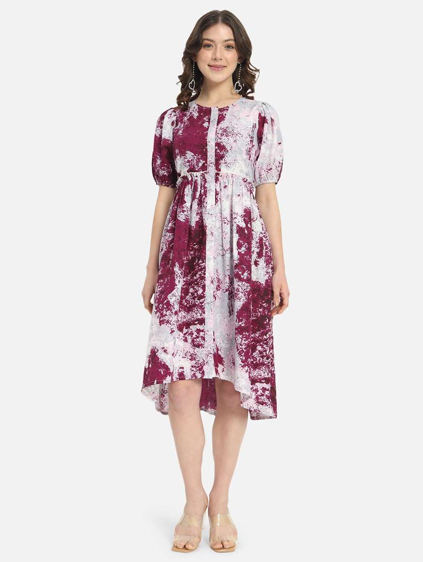 women tie & dyed puff sleeve high low dress