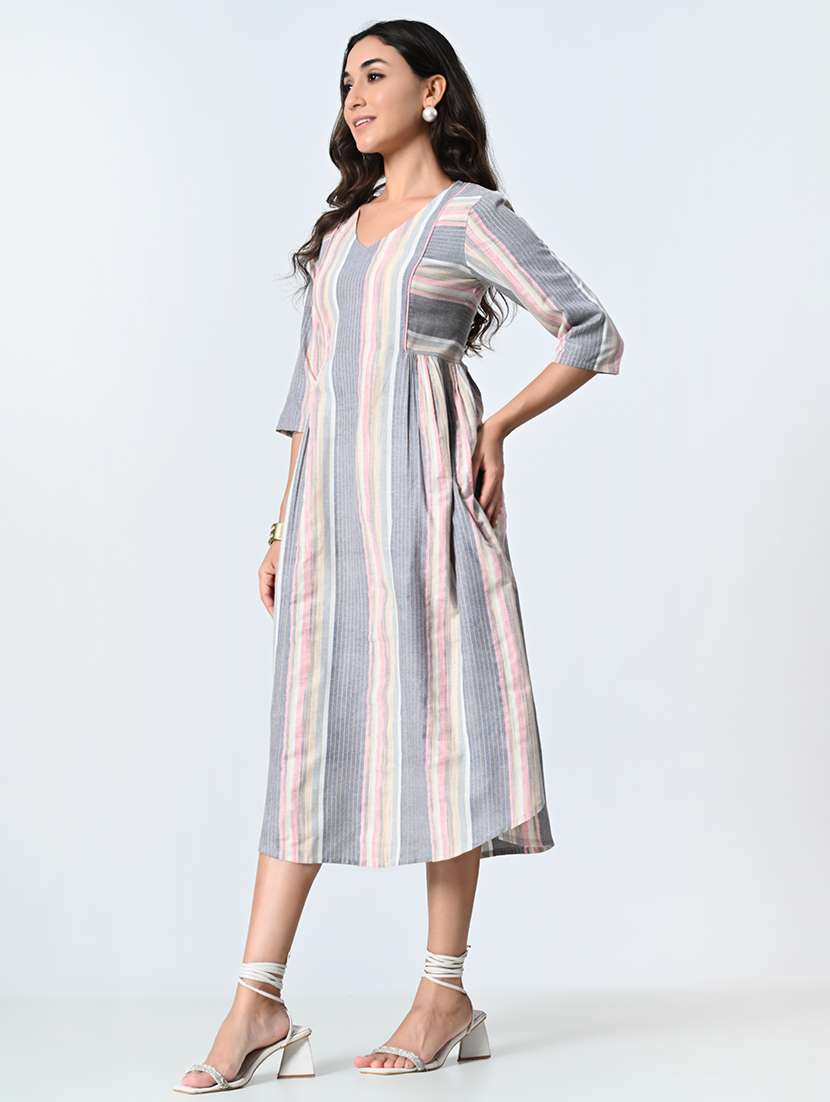 women grey stripes a-line dress - 21571972 - Standard Image - 2