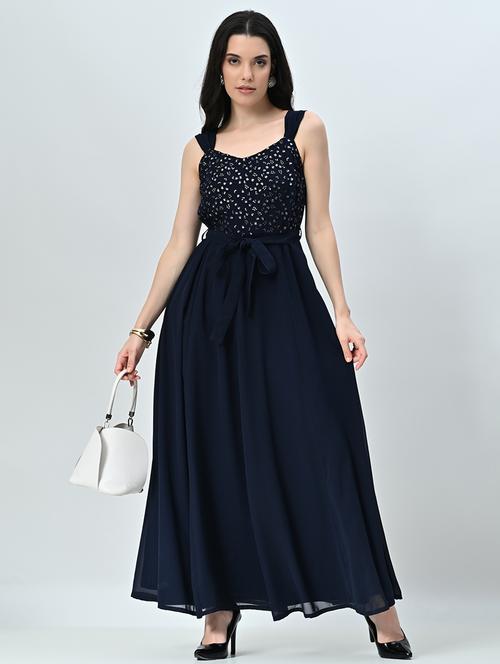 women navy blue embellished sleeveless dress - 21571975 - Standard Image - 0
