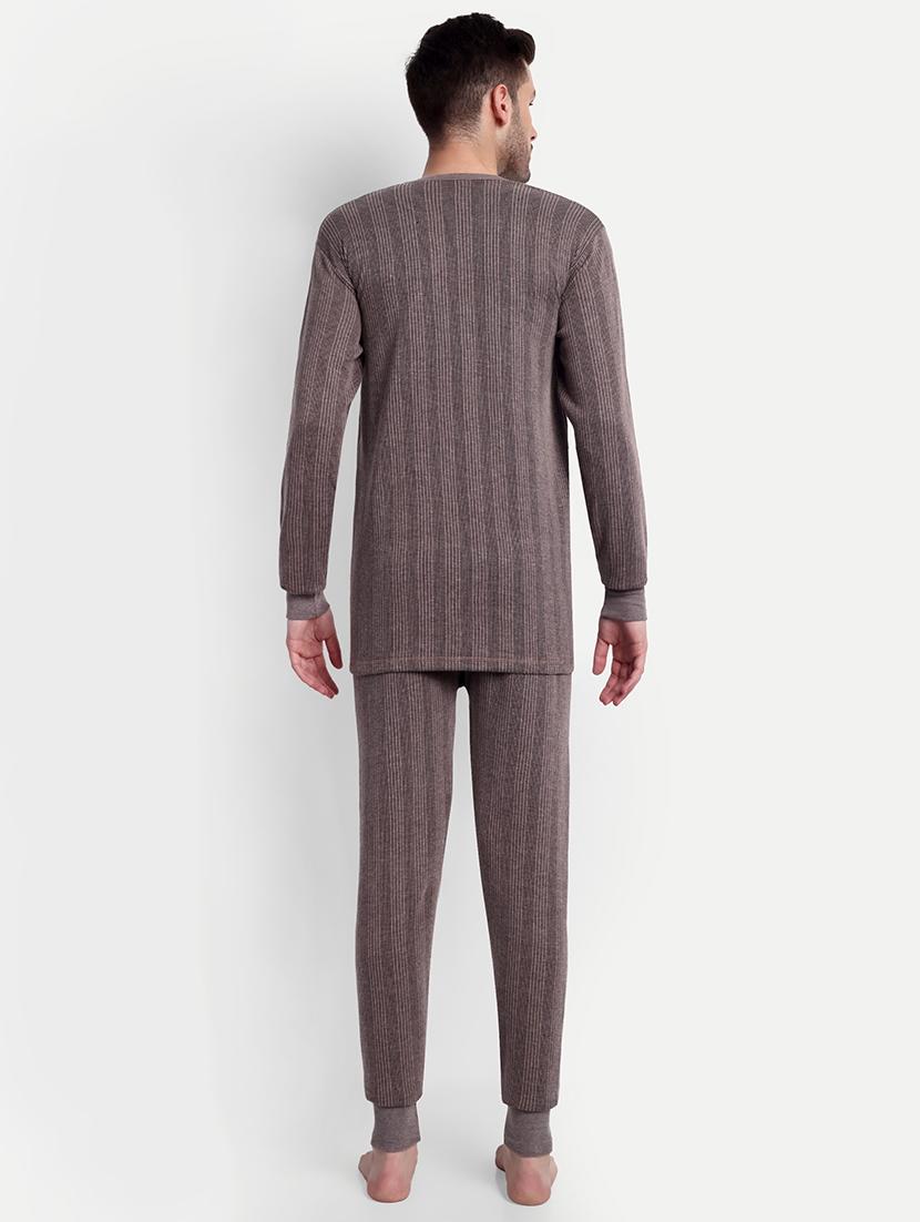 men solid long sleeve round neck top & bottom thermal set - 21572021 - Standard Image - 2