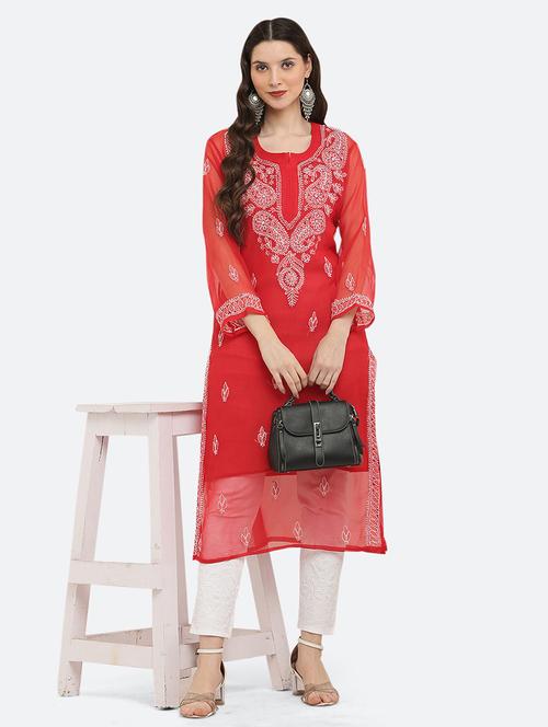 women solid with work chikankari straight kurta - 21572074 - Standard Image - 0
