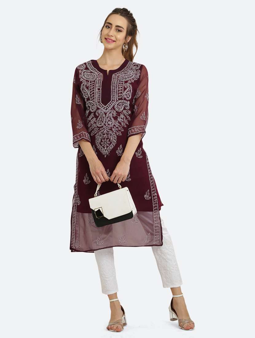 women solid with work chikankari straight kurta