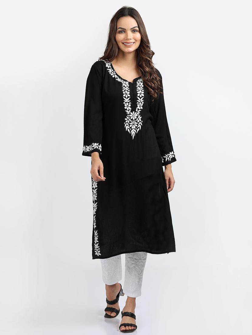 women solid with work chikankari straight kurta - 21572109 - Zoom Image - 0