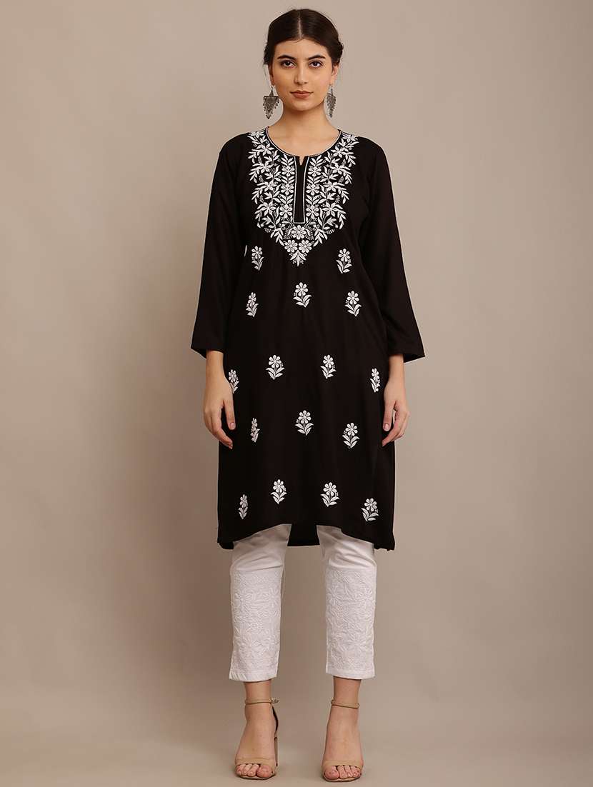women solid with work chikankari straight kurta - 21572117 - Zoom Image - 0