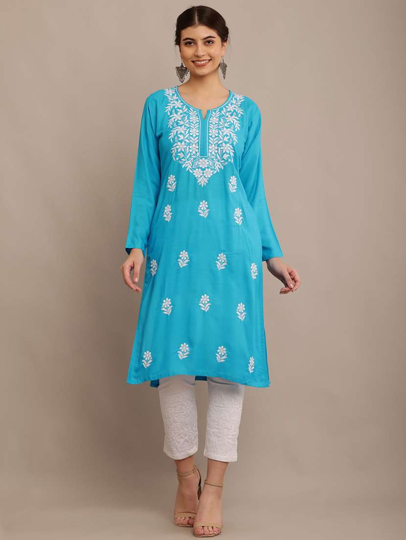 women solid with work chikankari straight kurta