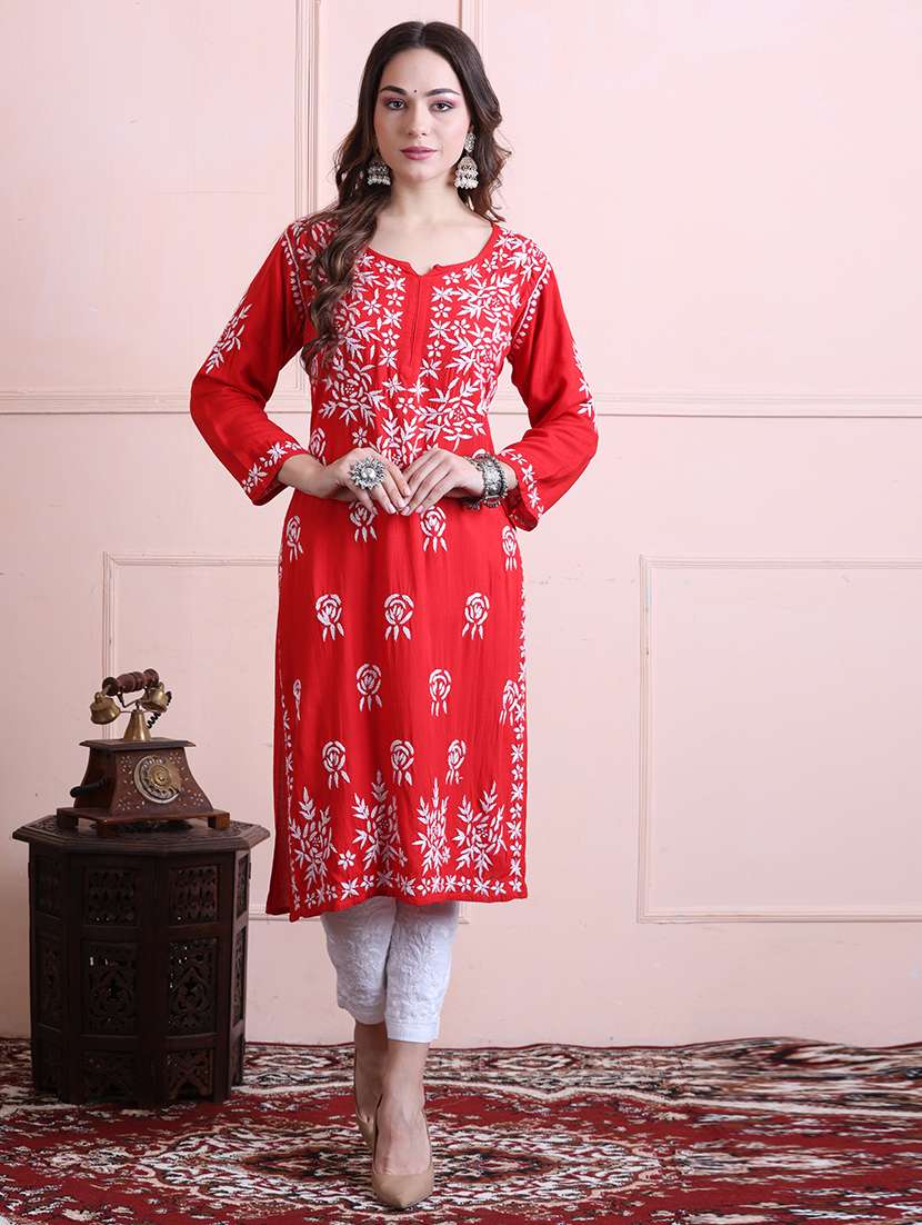 women solid with work chikankari straight kurta