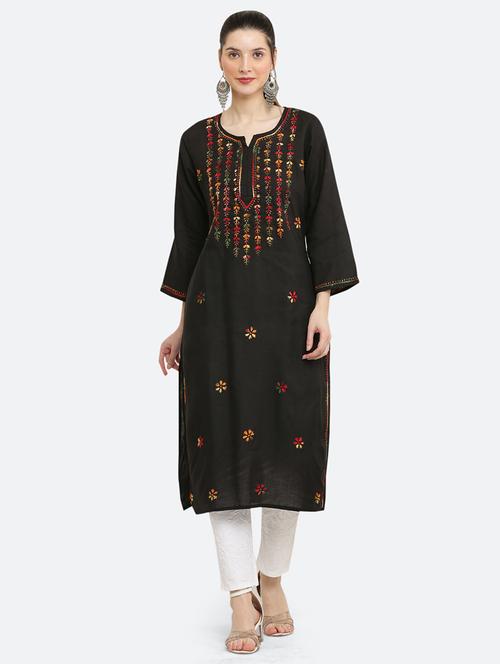 women three quarter sleeve straight chickankari kurta - 21572125 -  Standard Image - 0