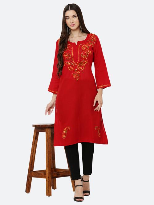 women solid with work chikankari straight kurta - 21572129 - Standard Image - 0
