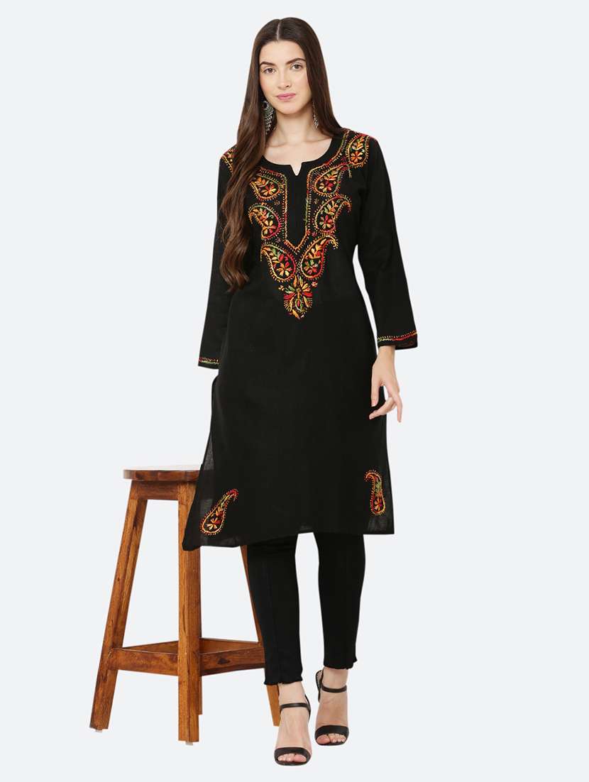 women solid with work chikankari straight kurta - 21572130 -  Zoom Image - 0