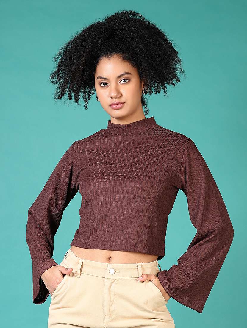 women brown self design long sleeve crop top