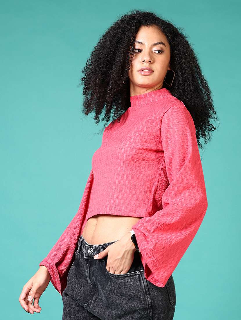 women pink self design long sleeve crop top - 21572210 -  Standard Image - 2