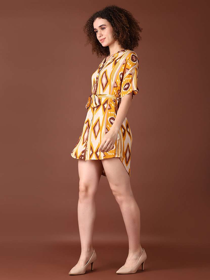women yellow printed short sleeve a-line dress - 21572216 -  Standard Image - 2