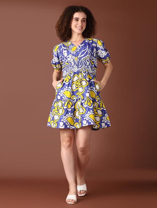 women blue printed puff sleeve tiered dress - 21572219 - Standard Image - 0