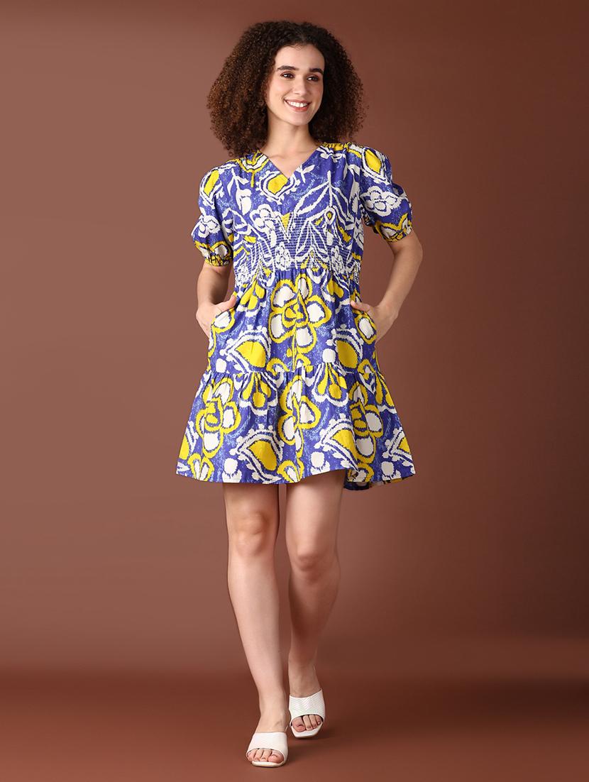 women blue printed puff sleeve tiered dress - 21572219 - Zoom Image - 0
