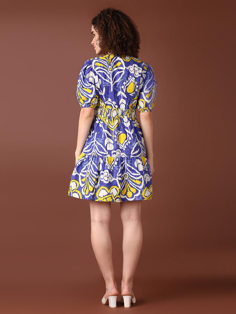women blue printed puff sleeve tiered dress - 21572219 - Standard Image - 2