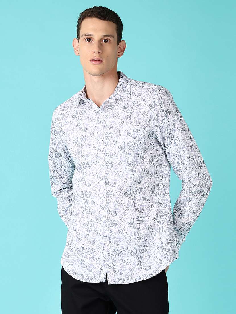 men printed collared long sleeves casual shirt