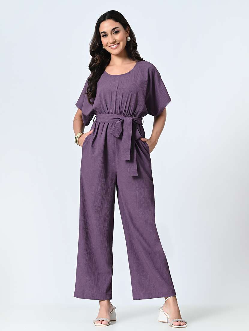 women purple solid full leg jumpsuit