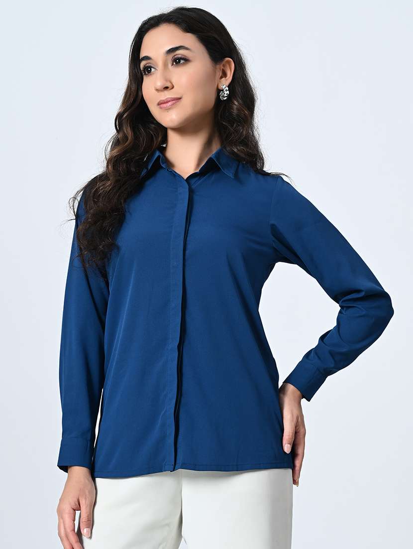 women teal blue plain long sleeve formal shirt