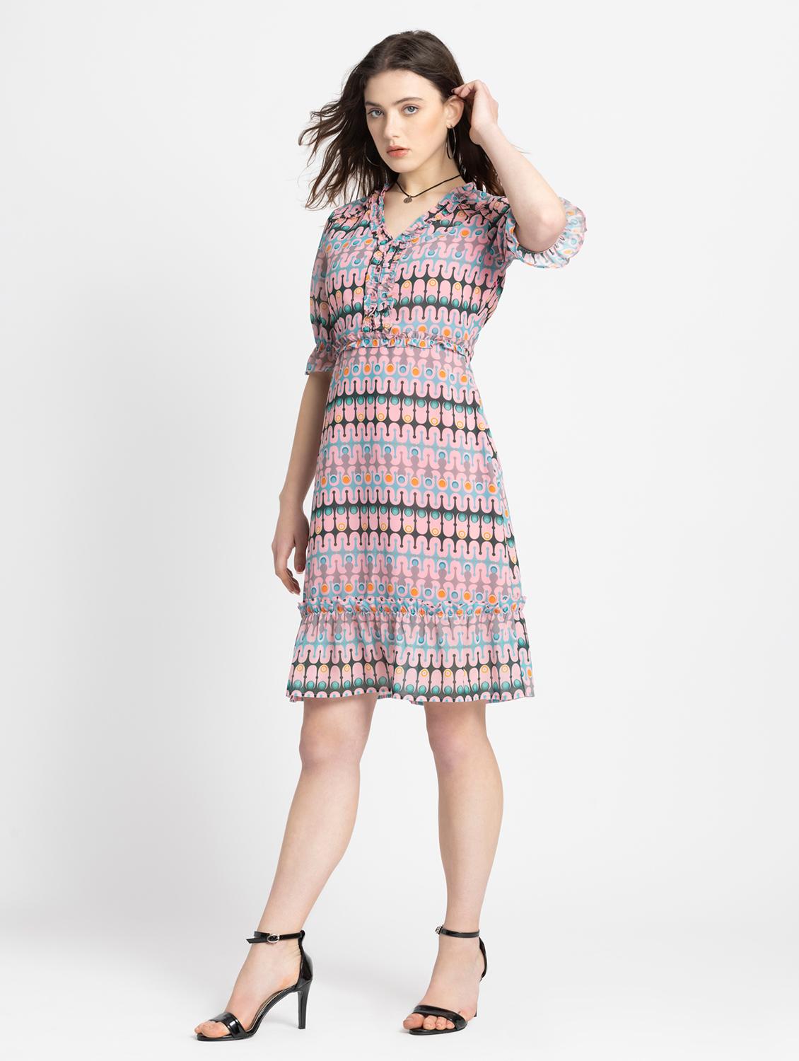 women printed v-neck a-line dress - 21572761 - Standard Image - 2