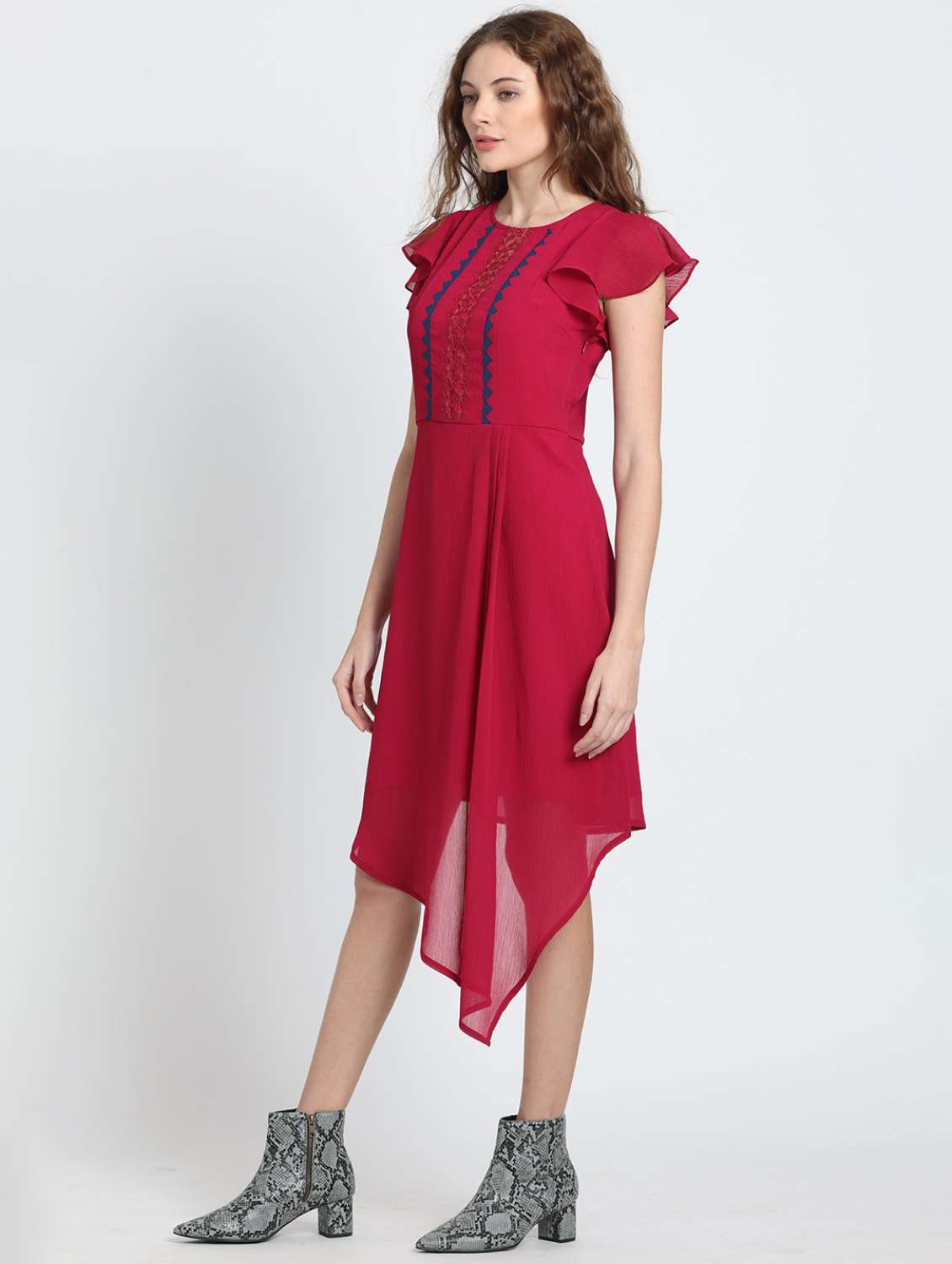 women solid lace detailed asymmetric dress - 21572773 - Standard Image - 2
