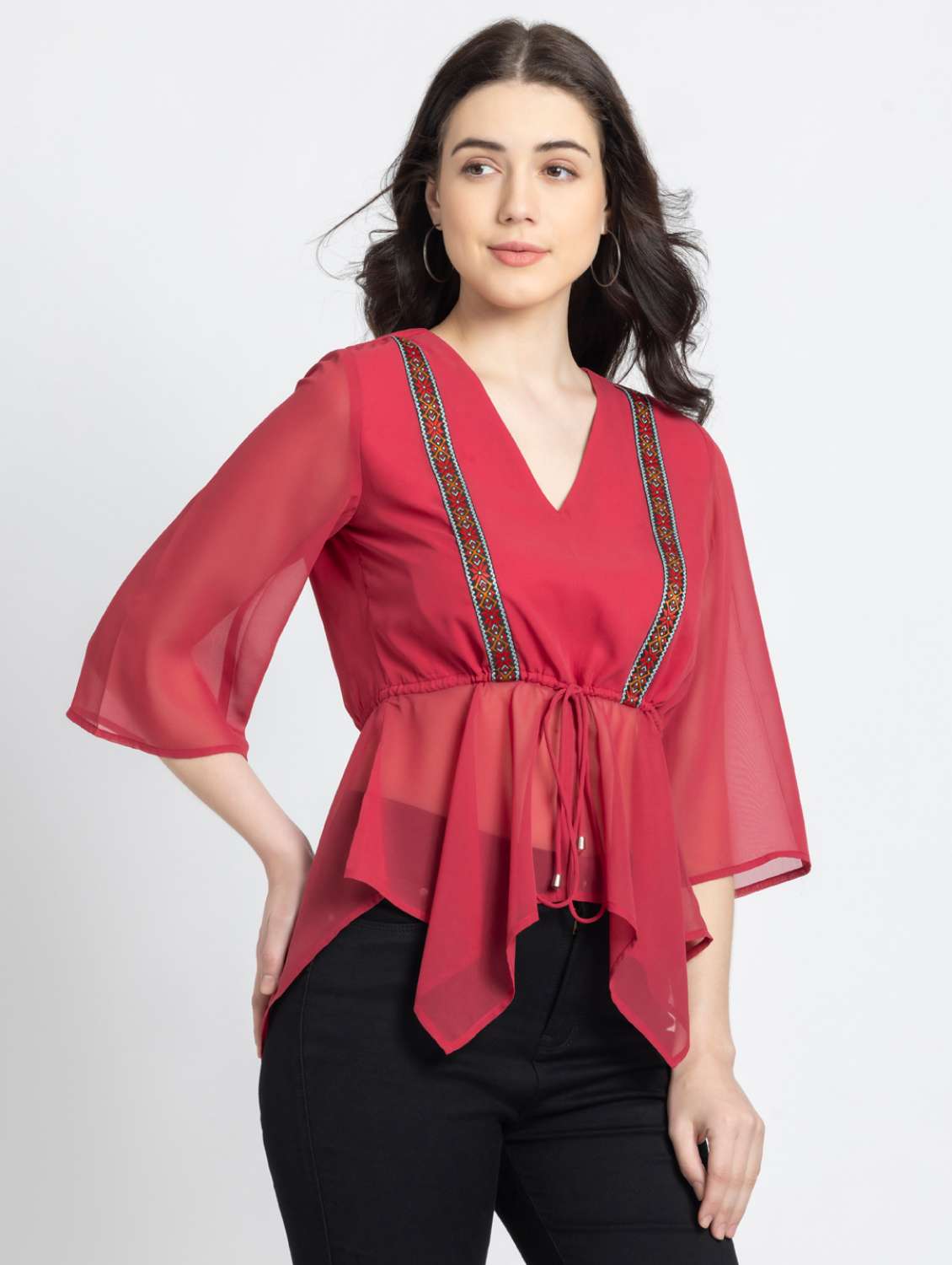 women red solid asymmetric v neck top - 21572974 - Standard Image - 2
