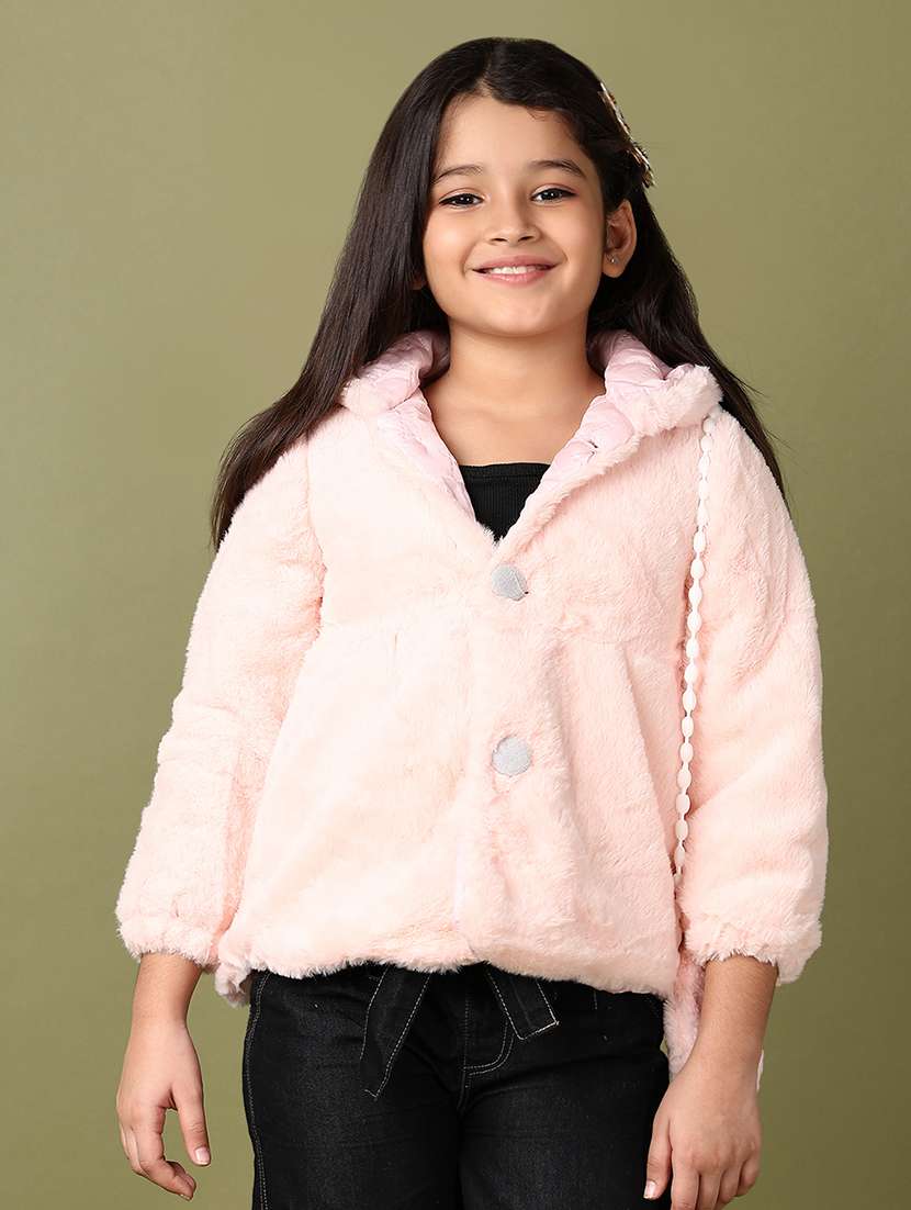 girls solid hooded long sleeve fur acket