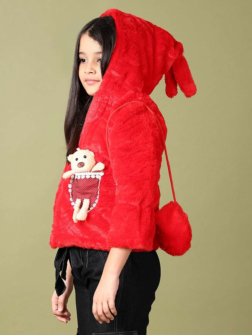 girls solid long sleeve hooded fur jacket - 21573084 -  Standard Image - 2