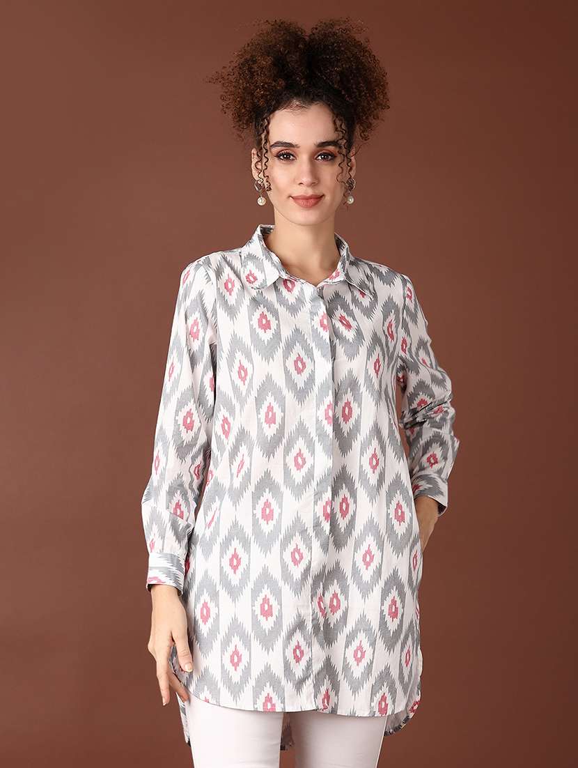 women grey printed long sleeve high-low kurti