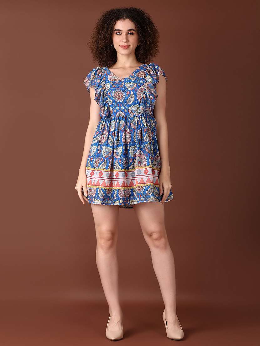 women bllue printed short sleeve fit & flare dress