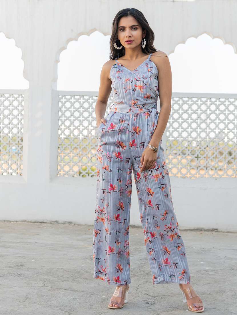 women grey floral printed shoulder strap full leg jumpsuit - 21573621 - Standard Image - 2