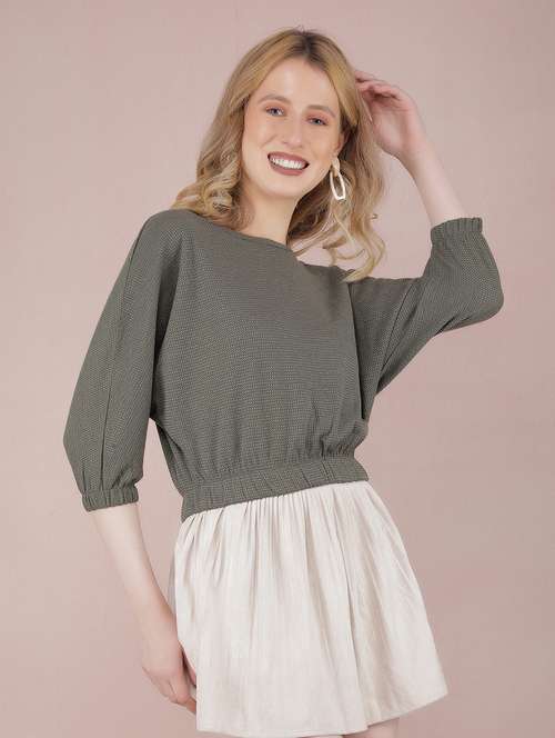 women solid three quarter sleeve crop top - 21573783 - Standard Image - 0