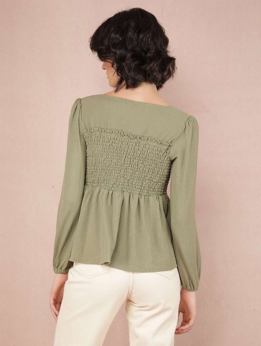 women solid smocked puff sleeve peplum top - 21573784 - Standard Image - 2